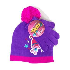 Trolls Hat & Gloves Set DreamWorks Girls Purple & Pink Poppy Knit Stocking